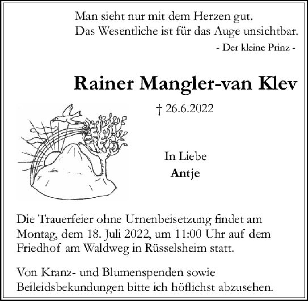  Traueranzeige für Rainer Mangler-van Klev vom 02.07.2022 aus vrm-trauer Rüsselsheimer Echo / MainSpitze