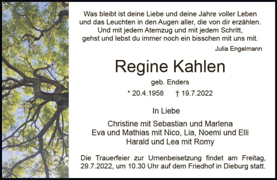 Traueranzeige von Regine Kahlen von vrm-trauer DieburgerAnzeiger/Groß-Zimmerner Lokala