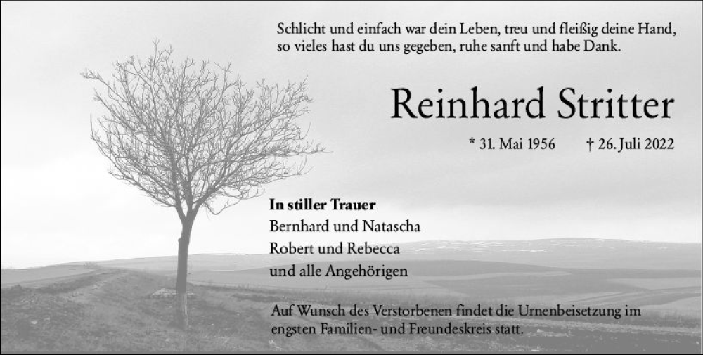  Traueranzeige für Reinhard Stritter vom 30.07.2022 aus vrm-trauer Wiesbadener Kurier