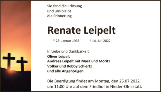 Traueranzeige von Renate Leipelt von vrm-trauer AZ Mainz