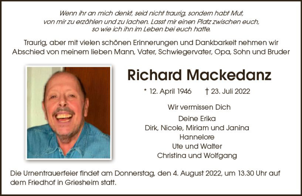  Traueranzeige für Richard Mackedanz vom 30.07.2022 aus vrm-trauer Darmstädter Echo