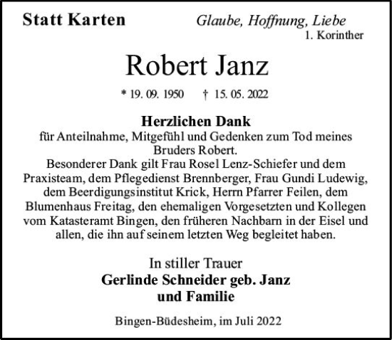 Traueranzeige von Robert Janz von vrm-trauer Allgemeine  Zeitung Ingelheim-Bingen