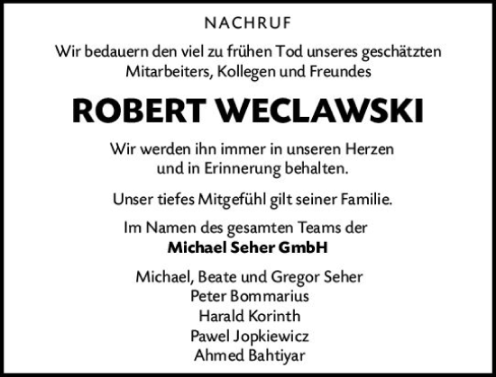 Traueranzeige von Robert Weclawski von vrm-trauer Wiesbadener Kurier