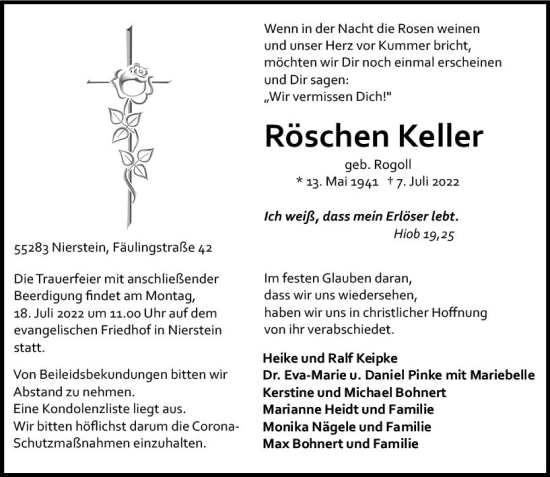 Traueranzeige von Röschen Keller von vrm-trauer AZ Mainz