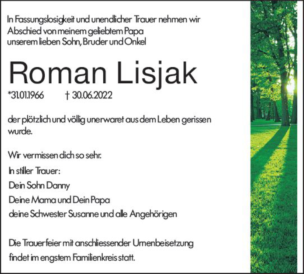  Traueranzeige für Roman Lisjak vom 09.07.2022 aus vrm-trauer Rüsselsheimer Echo / MainSpitze