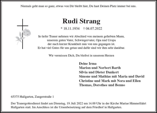 Traueranzeige von Rudi Strang von vrm-trauer Rheingau