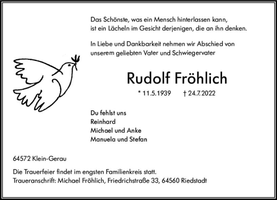 Traueranzeige von Rudolf Fröhlich von vrm-trauer Rüsselsheimer Echo / MainSpitze