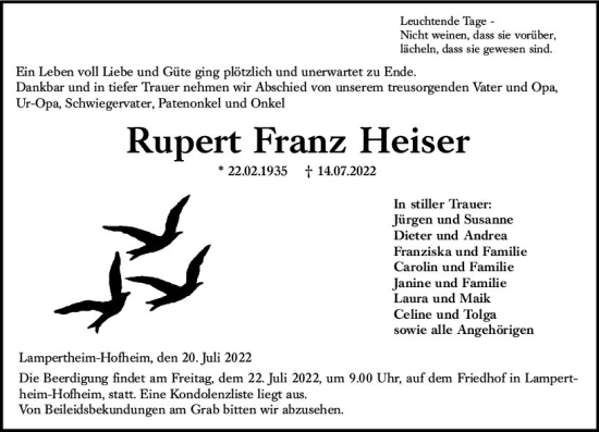 Traueranzeige von Rupert Franz Heiser von vrm-trauer Bürstädter/Lamperth. Ztg/Starkenburger