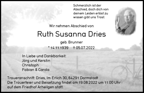 Traueranzeige von Ruth Susanna Dries von vrm-trauer Darmstädter Echo