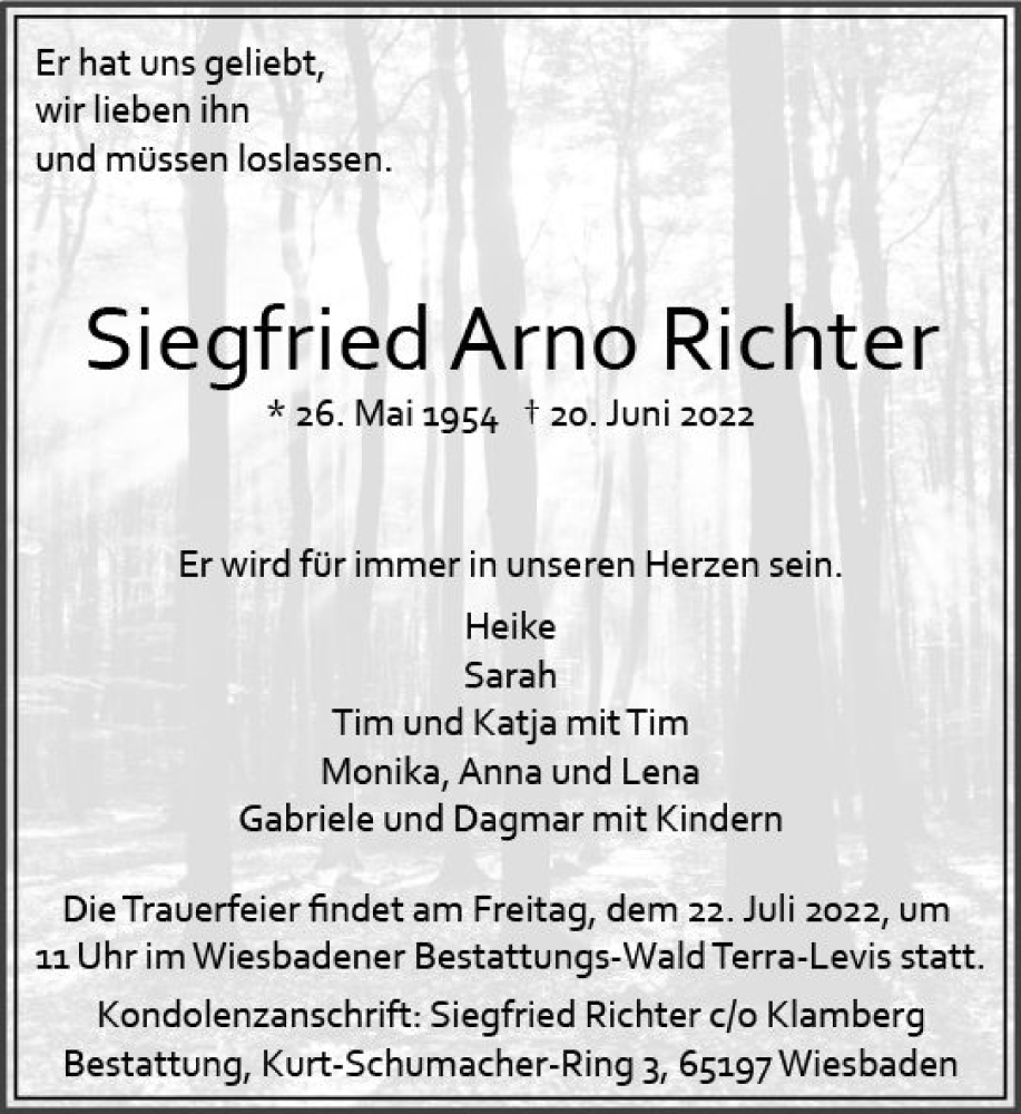  Traueranzeige für Siegfried Arno Richter vom 02.07.2022 aus vrm-trauer Wiesbadener Kurier