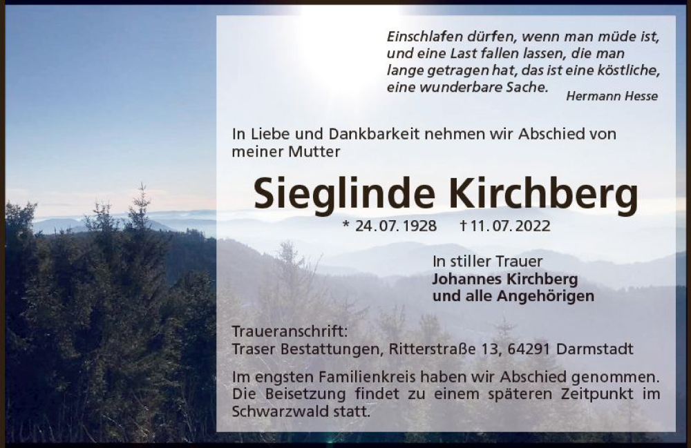  Traueranzeige für Sieglinde Kirchberg vom 30.07.2022 aus vrm-trauer Darmstädter Echo
