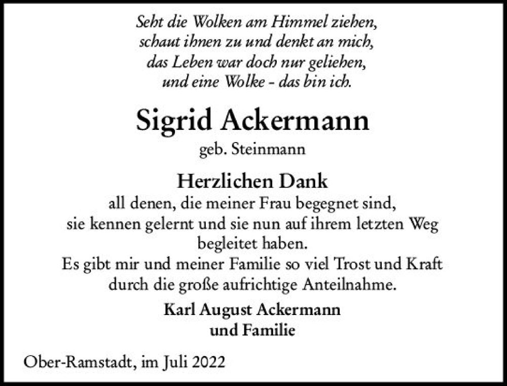  Traueranzeige für Sigrid Ackermann vom 23.07.2022 aus vrm-trauer Darmstädter Echo