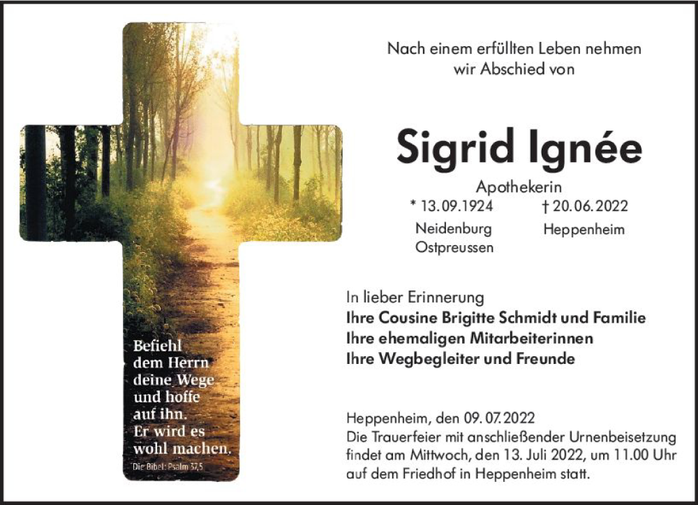  Traueranzeige für Sigrid Ignee vom 09.07.2022 aus vrm-trauer Bürstädter/Lamperth. Ztg/Starkenburger