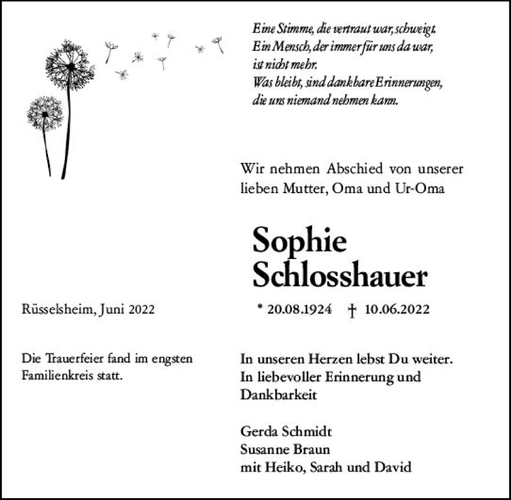  Traueranzeige für Sophie Schlosshauer vom 02.07.2022 aus vrm-trauer Rüsselsheimer Echo / MainSpitze