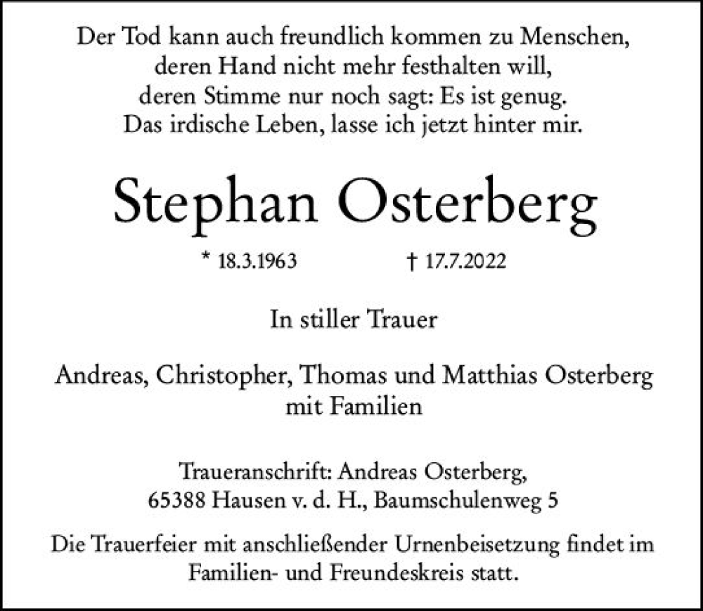  Traueranzeige für Stephan Osterberg vom 23.07.2022 aus vrm-trauer Wiesbadener Kurier