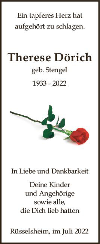 Traueranzeige von Therese Dörich von vrm-trauer Wiesbadener Kurier