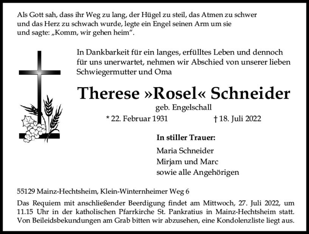  Traueranzeige für Therese Schneider vom 23.07.2022 aus vrm-trauer AZ Mainz