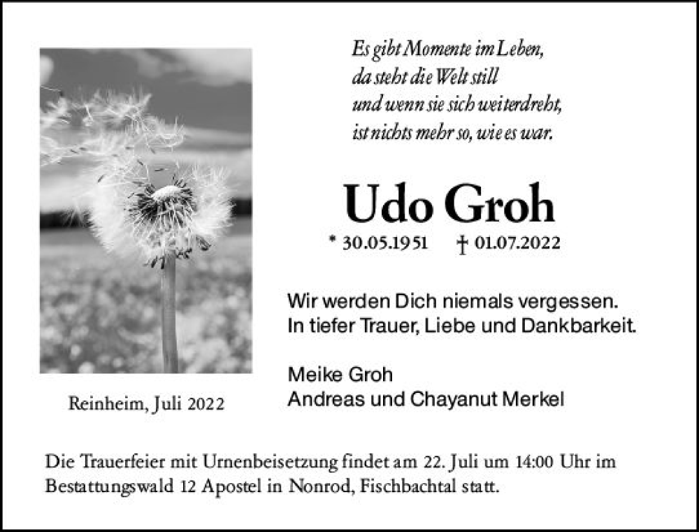  Traueranzeige für Udo Groh vom 16.07.2022 aus vrm-trauer Darmstädter Echo