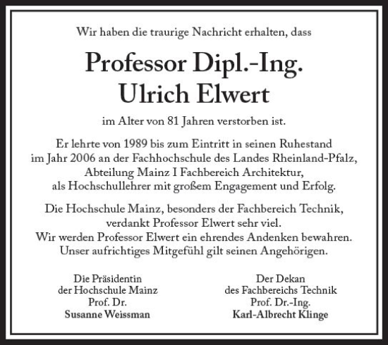Traueranzeige von Ulrich Elwert von vrm-trauer AZ Mainz