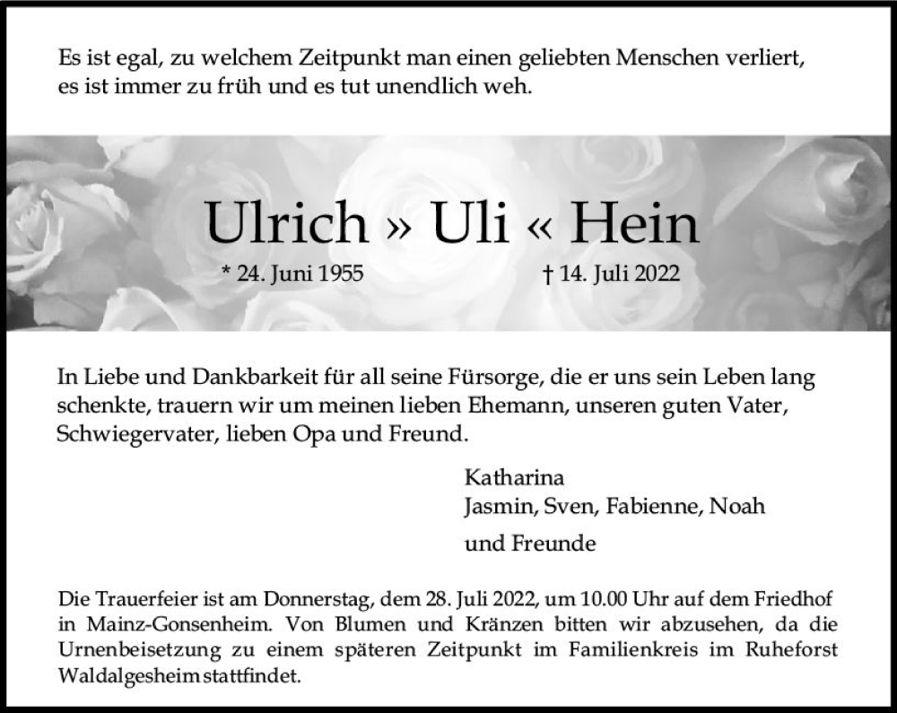  Traueranzeige für Ulrich Uli Hein vom 23.07.2022 aus vrm-trauer AZ Mainz