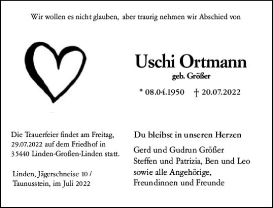 Traueranzeige von Uschi Ortmann von vrm-trauer Wiesbadener Kurier