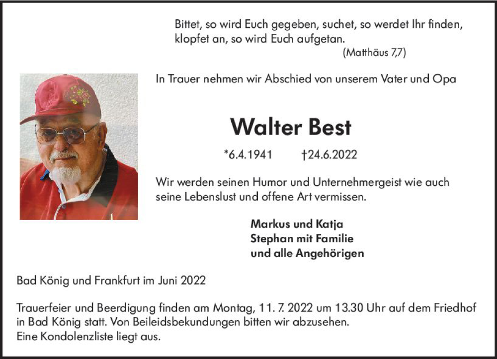  Traueranzeige für Walter Best vom 02.07.2022 aus vrm-trauer Odenwälder Echo