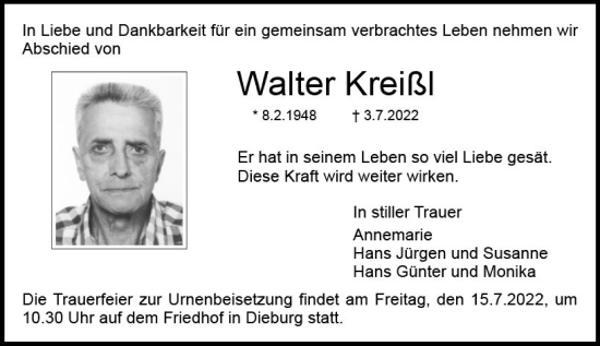 Traueranzeige von Walter Kreißl von vrm-trauer DieburgerAnzeiger/Groß-Zimmerner Lokala