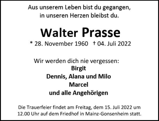 Traueranzeige von Walter Prasse von vrm-trauer AZ Mainz