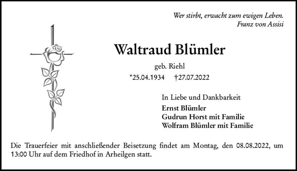  Traueranzeige für Waltraud Blümler vom 30.07.2022 aus vrm-trauer Darmstädter Echo