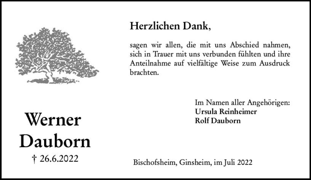  Traueranzeige für Werner Dauborn vom 16.07.2022 aus vrm-trauer Rüsselsheimer Echo / MainSpitze
