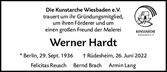 Traueranzeige von Werner Hardt von vrm-trauer Wiesbadener Kurier