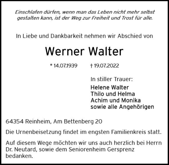 Traueranzeige von Werner Walter von vrm-trauer Darmstädter Echo