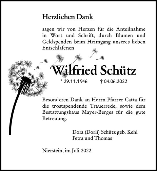 Traueranzeige von Wilfried Schütz von vrm-trauer AZ Mainz