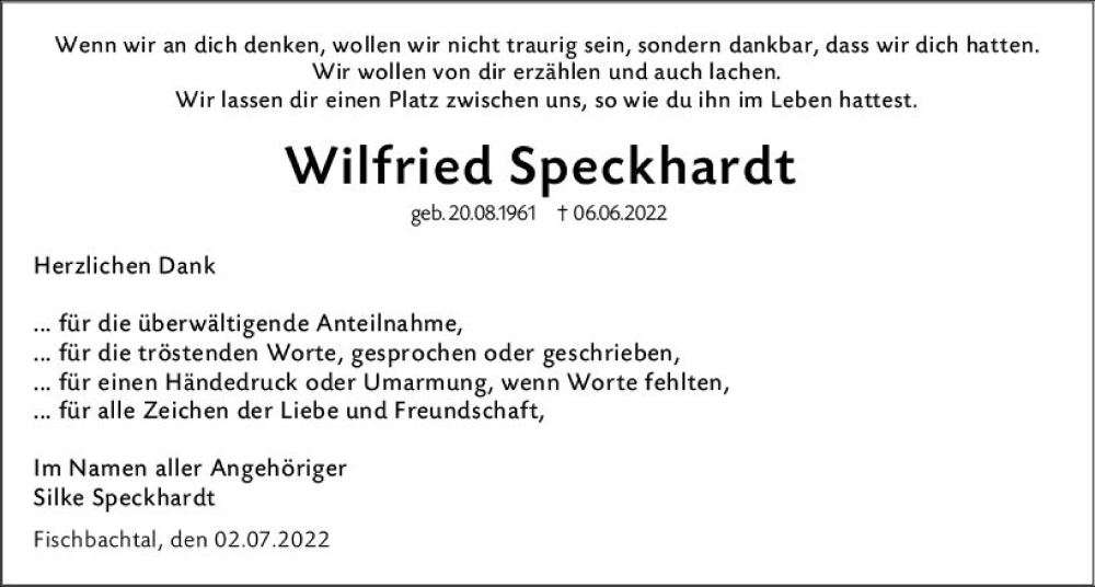  Traueranzeige für Wilfried Speckhardt vom 02.07.2022 aus vrm-trauer Darmstädter Echo