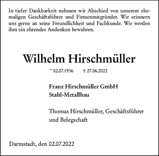 Traueranzeige von Wilhelm Hirschmüller von vrm-trauer Darmstädter Echo