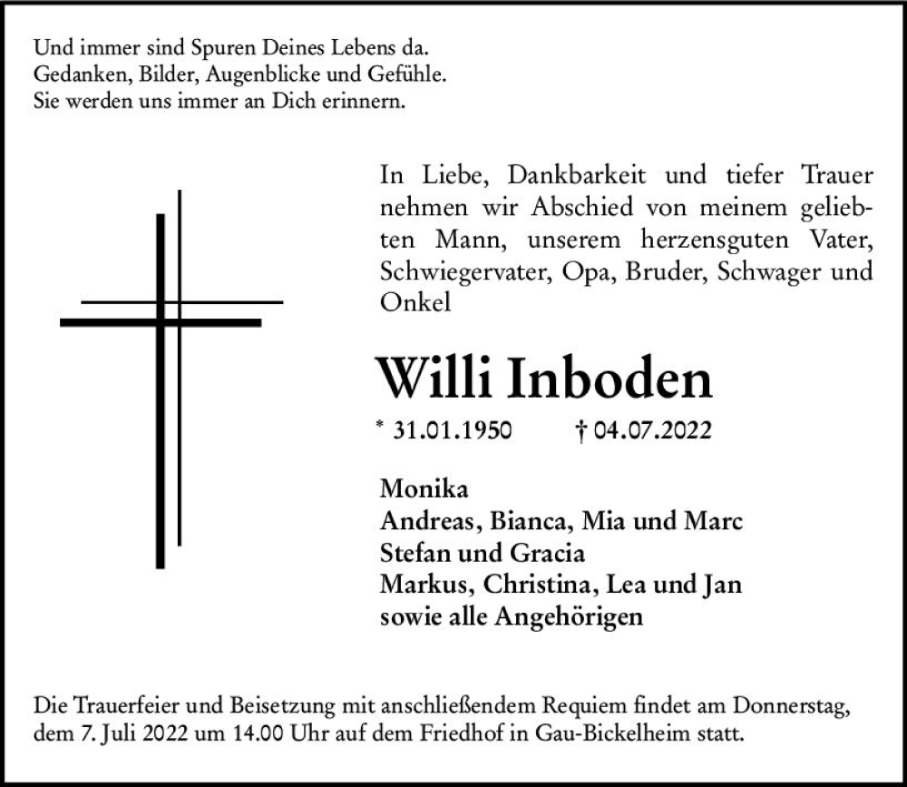  Traueranzeige für Willi Inboden vom 06.07.2022 aus vrm-trauer Allgemeine Zeitung Alzey