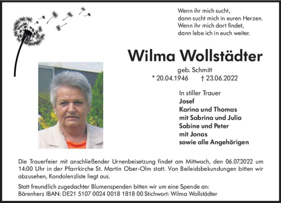 Traueranzeige von Wilma Wollstädter von vrm-trauer AZ Mainz
