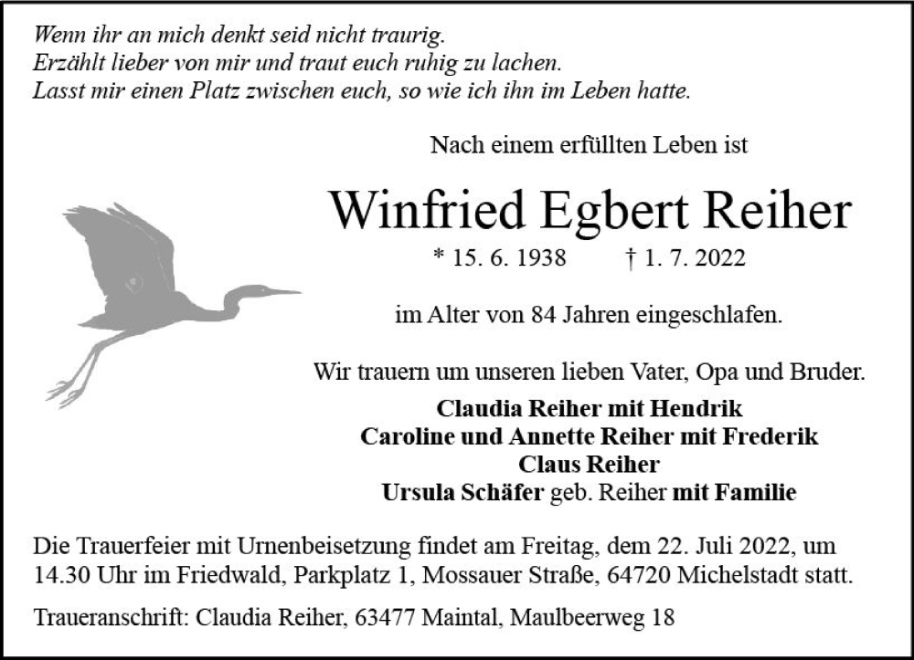  Traueranzeige für Winfried Egbert Reiher vom 16.07.2022 aus vrm-trauer Odenwälder Echo