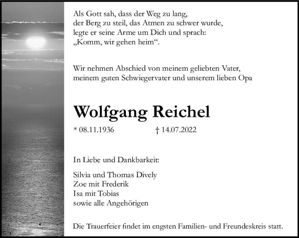  Traueranzeige für Wolfgang Reichel vom 23.07.2022 aus vrm-trauer Rüsselsheimer Echo / MainSpitze