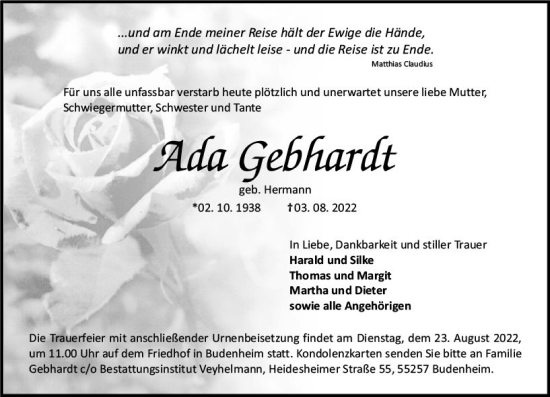 Traueranzeige von Ada Gebhardt von vrm-trauer AZ Mainz