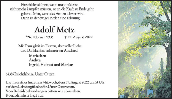 Traueranzeige von Adolf Metz von vrm-trauer Odenwälder Echo