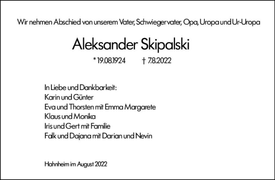 Traueranzeige von Aleksander Skipalski von vrm-trauer AZ Mainz