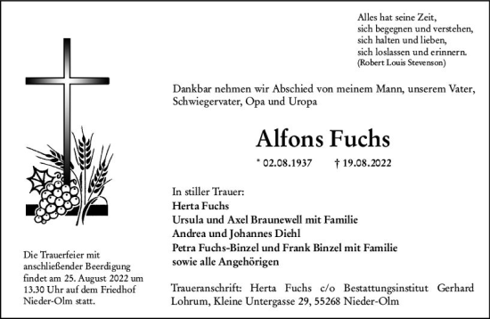 Traueranzeige von Alfons Fuchs von vrm-trauer Allgemeine Zeitung Alzey
