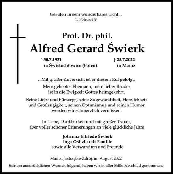 Traueranzeige von Alfred Gerard Swierk von vrm-trauer AZ Mainz