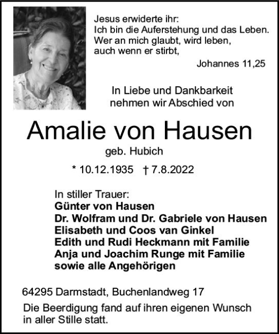 Traueranzeige von Amalie von Hausen von vrm-trauer Darmstädter Echo