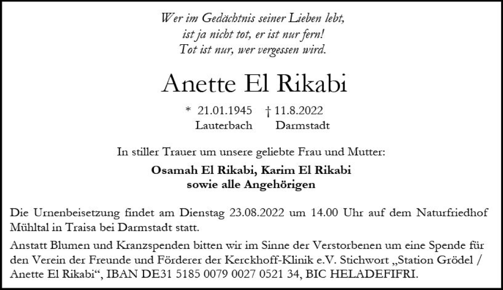  Traueranzeige für Anette El Rikabi vom 20.08.2022 aus vrm-trauer Darmstädter Echo