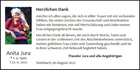 Traueranzeige von Anita Jura von vrm-trauer Odenwälder Echo