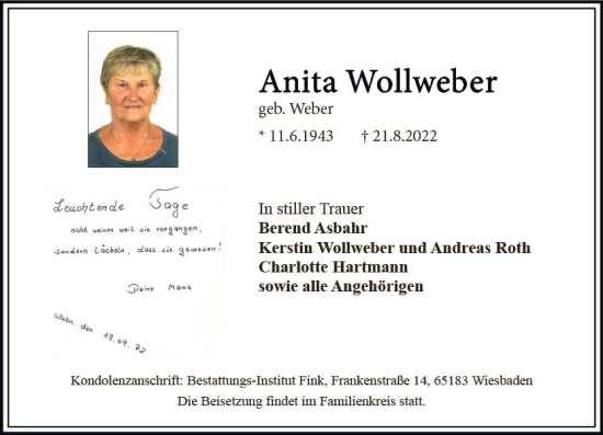 Traueranzeige von Anita Wollweber von vrm-trauer Wiesbadener Kurier
