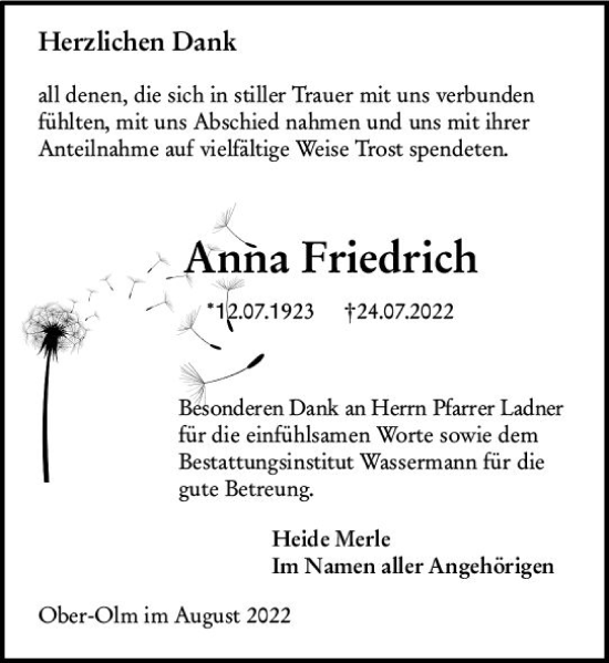Traueranzeige von Anna Friedrich von vrm-trauer AZ Mainz