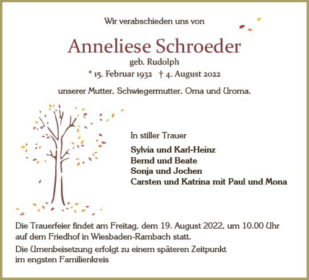  Traueranzeige für Anneliese Schroeder vom 13.08.2022 aus vrm-trauer Wiesbadener Kurier